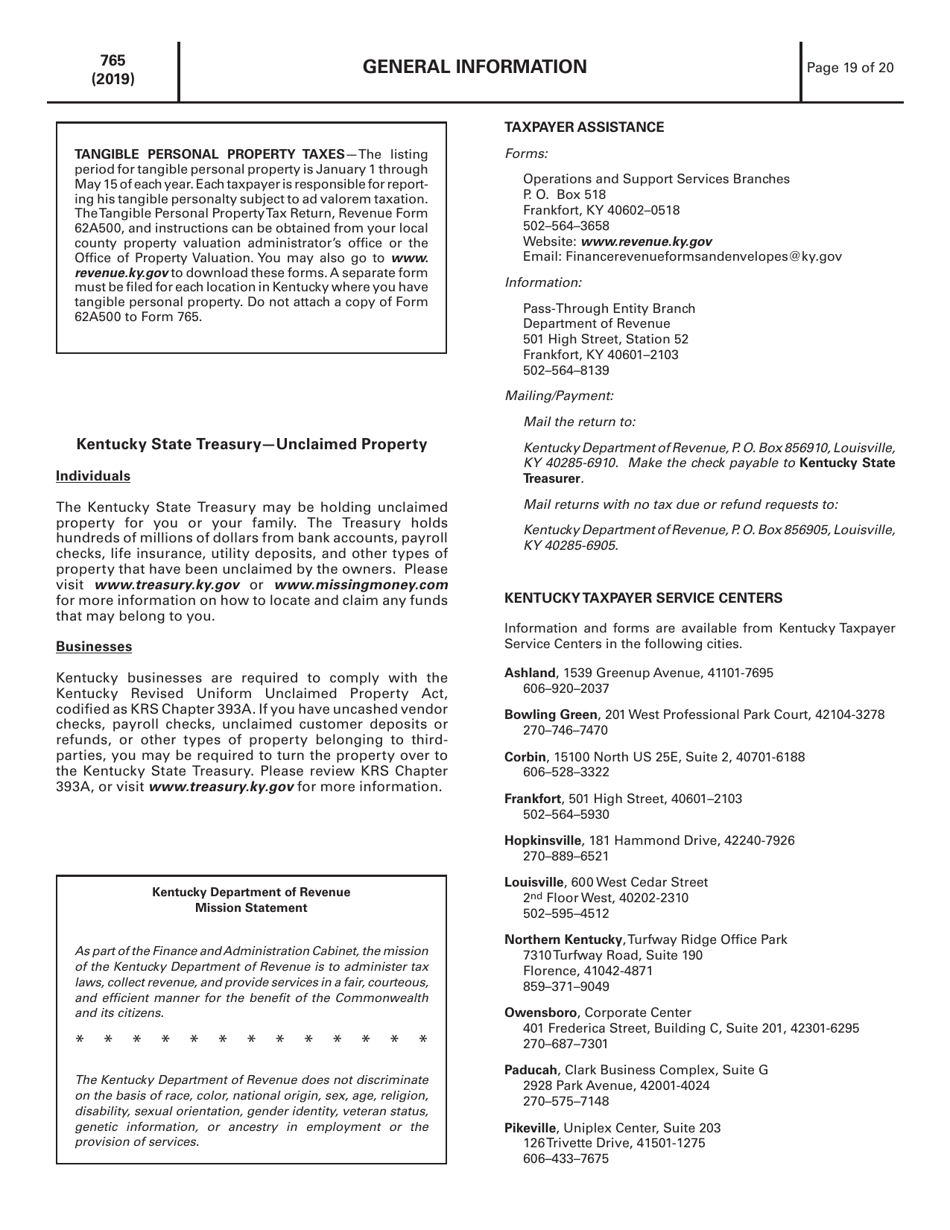 Instructions for Form 765 Kentucky Partnership Income and Llet Return - Kentucky, Page 19