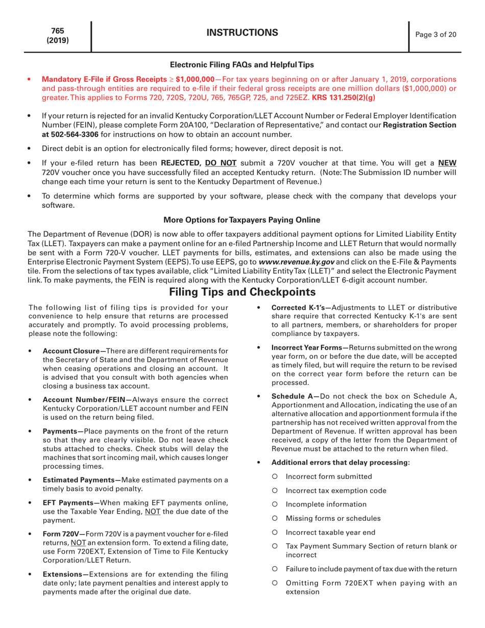 Instructions for Form 765 Kentucky Partnership Income and Llet Return - Kentucky, Page 3