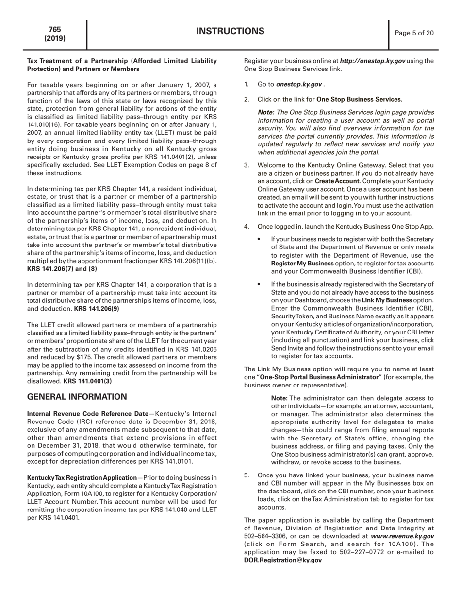 Instructions for Form 765 Kentucky Partnership Income and Llet Return - Kentucky, Page 5