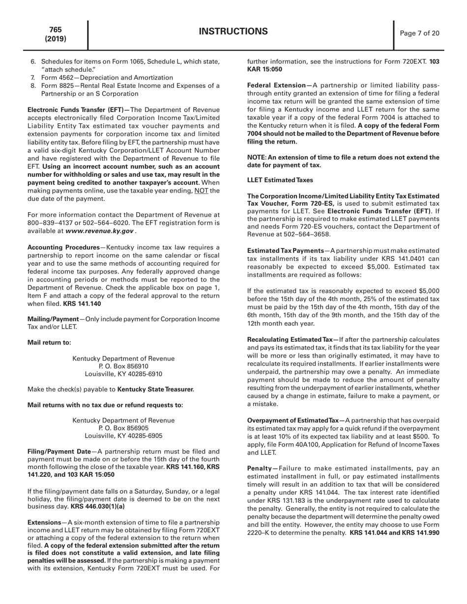 Instructions for Form 765 Kentucky Partnership Income and Llet Return - Kentucky, Page 7