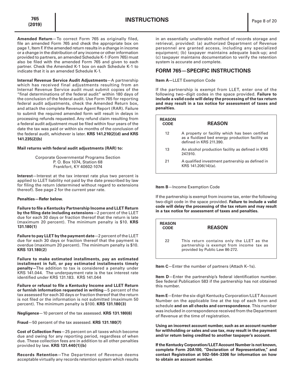 Instructions for Form 765 Kentucky Partnership Income and Llet Return - Kentucky, Page 8