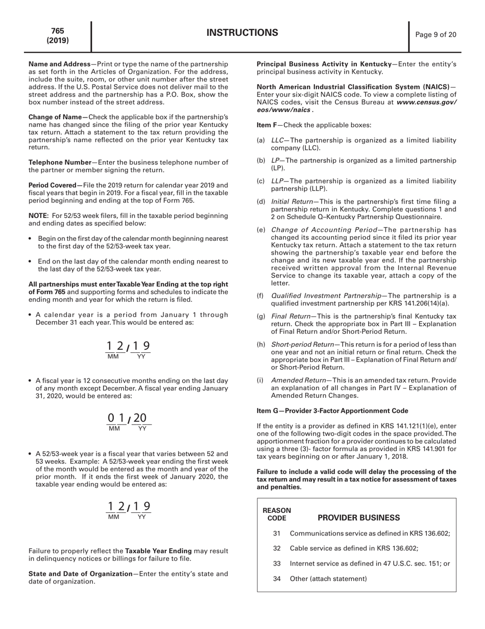 Instructions for Form 765 Kentucky Partnership Income and Llet Return - Kentucky, Page 9