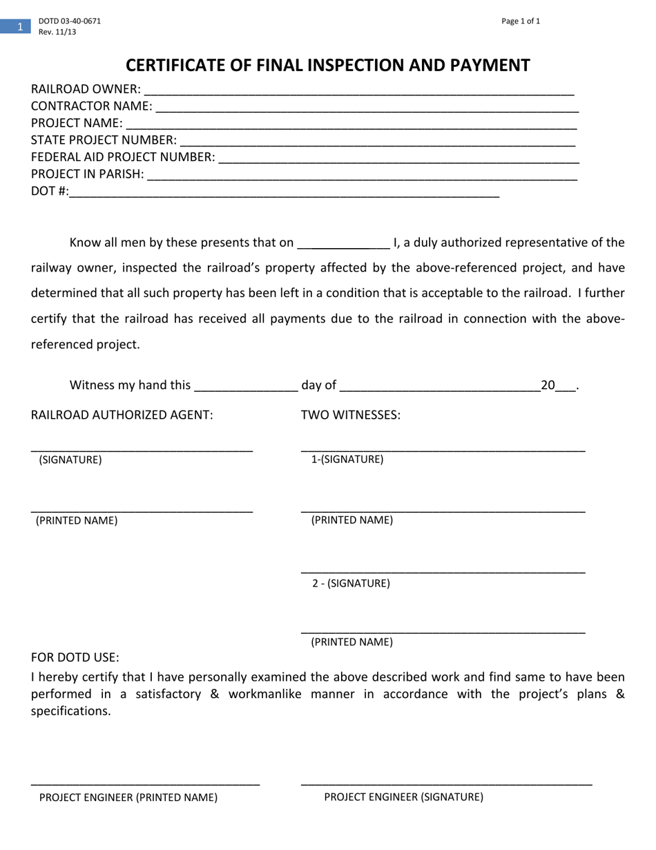 Form DOTD03-40-0671 Certificate of Final Inspection and Payment - Louisiana, Page 1