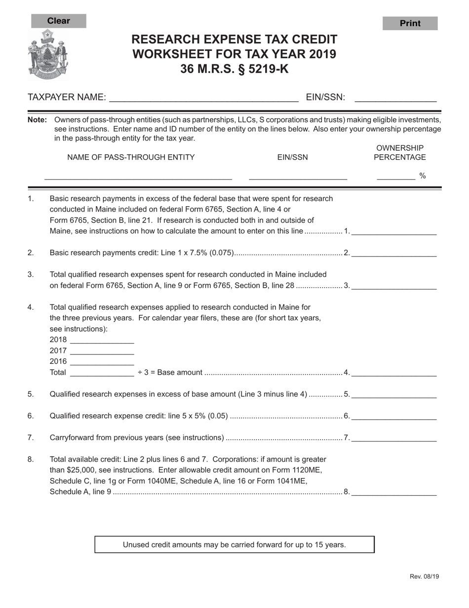Research Expense Tax Credit Worksheet - Maine, Page 1