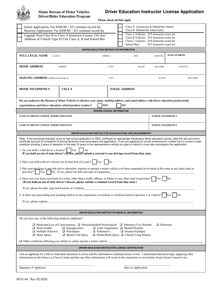 Form MVE-84 Driver Education Instructor License Application - Maine, Page 1