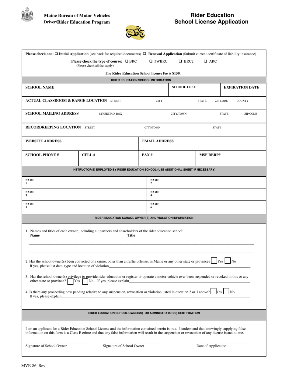 Form MVE-86 Rider Education School License Application - Maine, Page 1