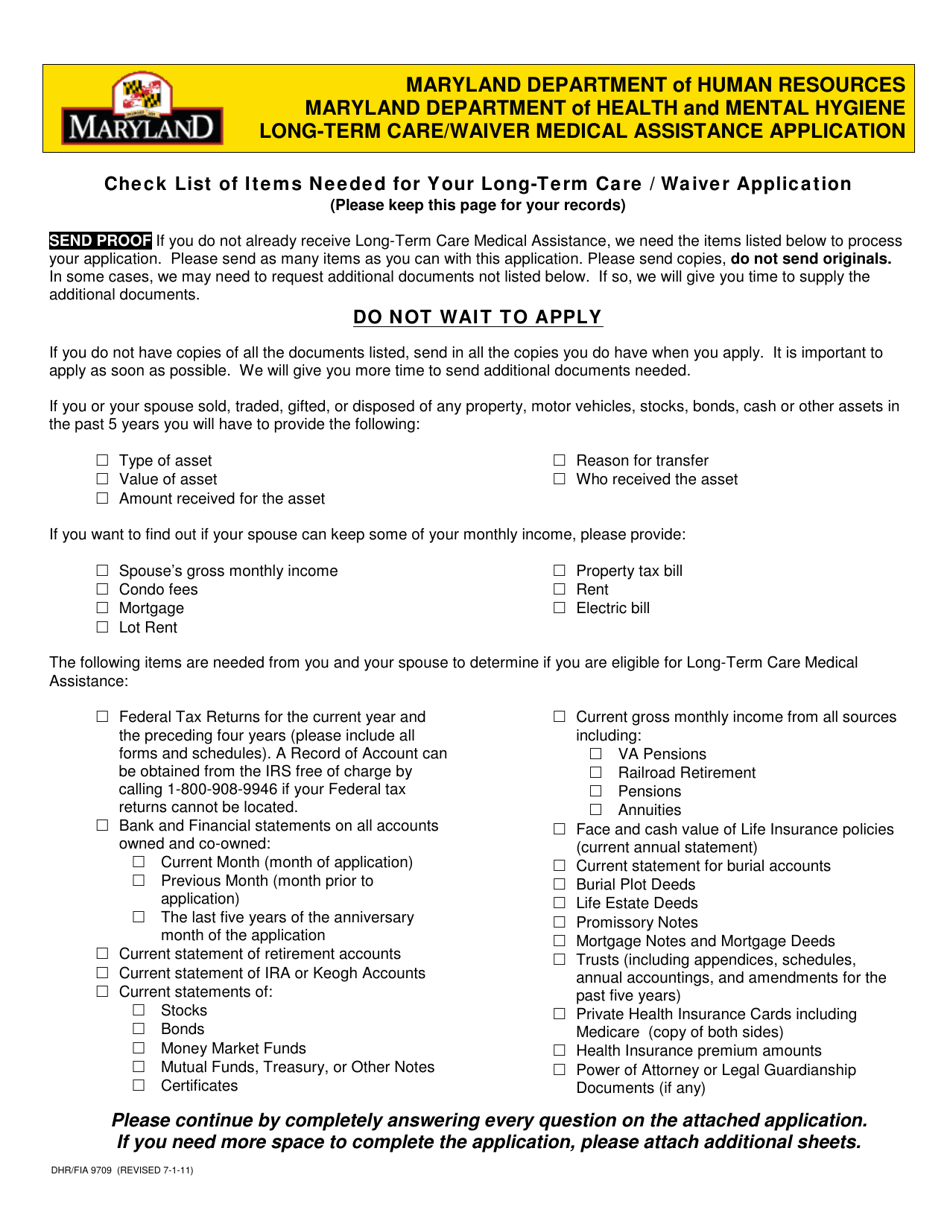 Form DHR / FIA9709 Long-Term Care / Waiver Medical Assistance Application - Maryland, Page 1