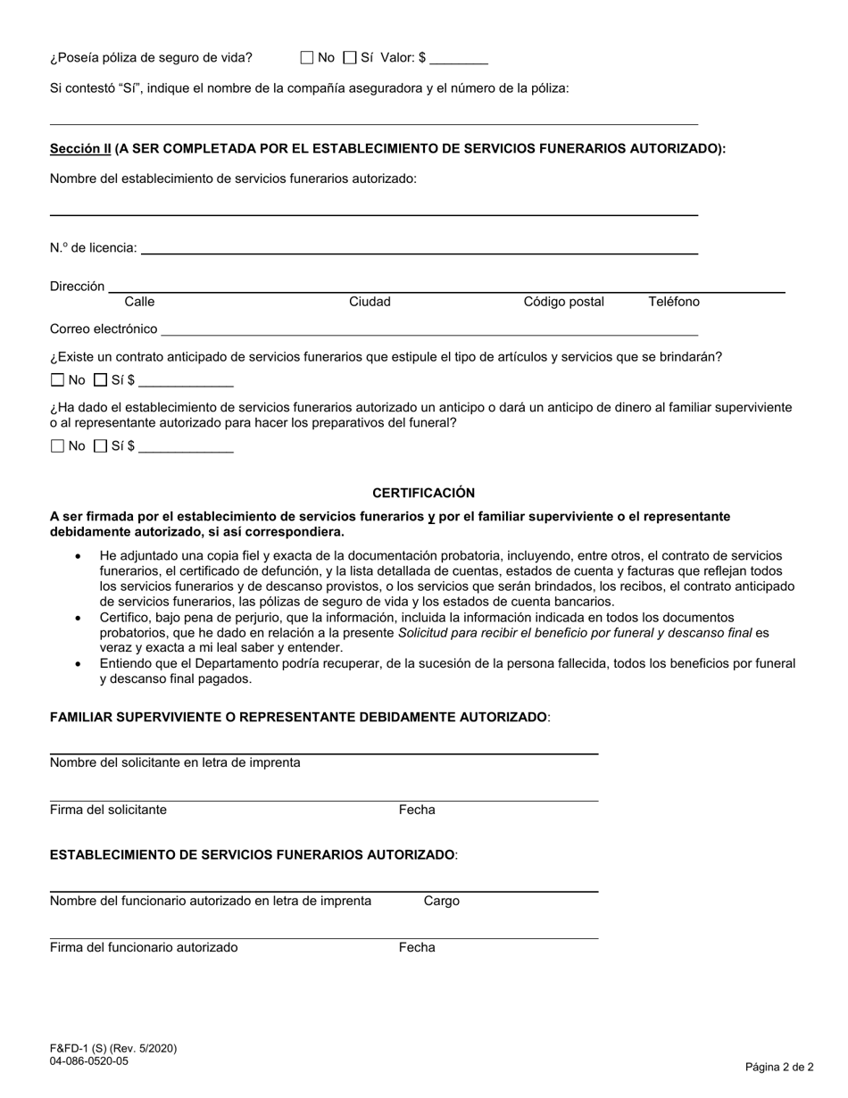 Formulario FFD-1 Solicitud Para Recibir El Beneficio Por Funeral Y Descanso Final - Massachusetts (Spanish), Page 2