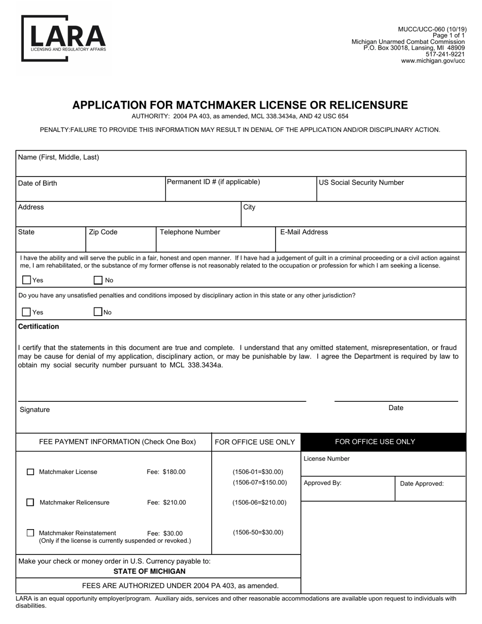 Form MUCC / UCC-060 Application for Matchmaker License or Relicensure - Michigan, Page 1