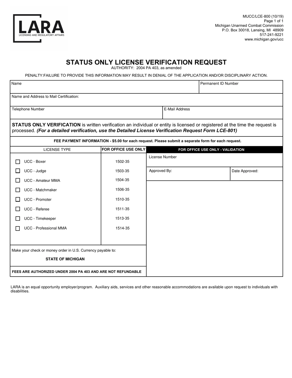 Form MUCC / LCE-800 Status Only License Verification Request - Michigan, Page 1