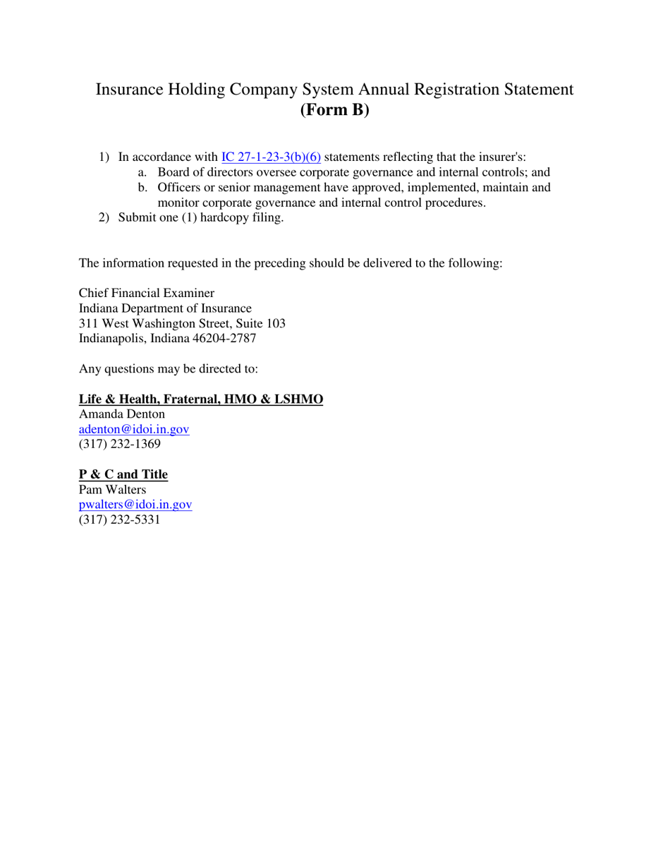 Form B Insurance Holding Company System Annual Registration Statement - Indiana, Page 1