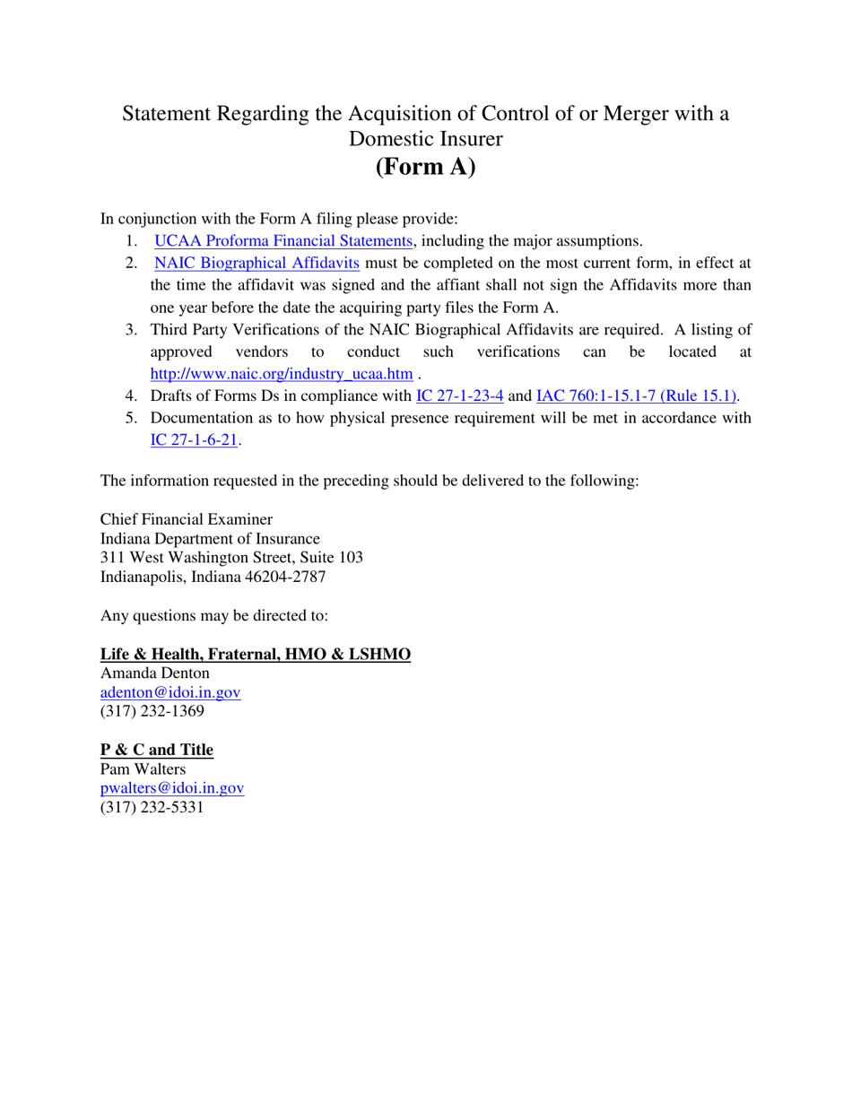Form A Statement Regarding the Acquisition of Control of or Merger With a Domestic Insurer - Indiana, Page 1