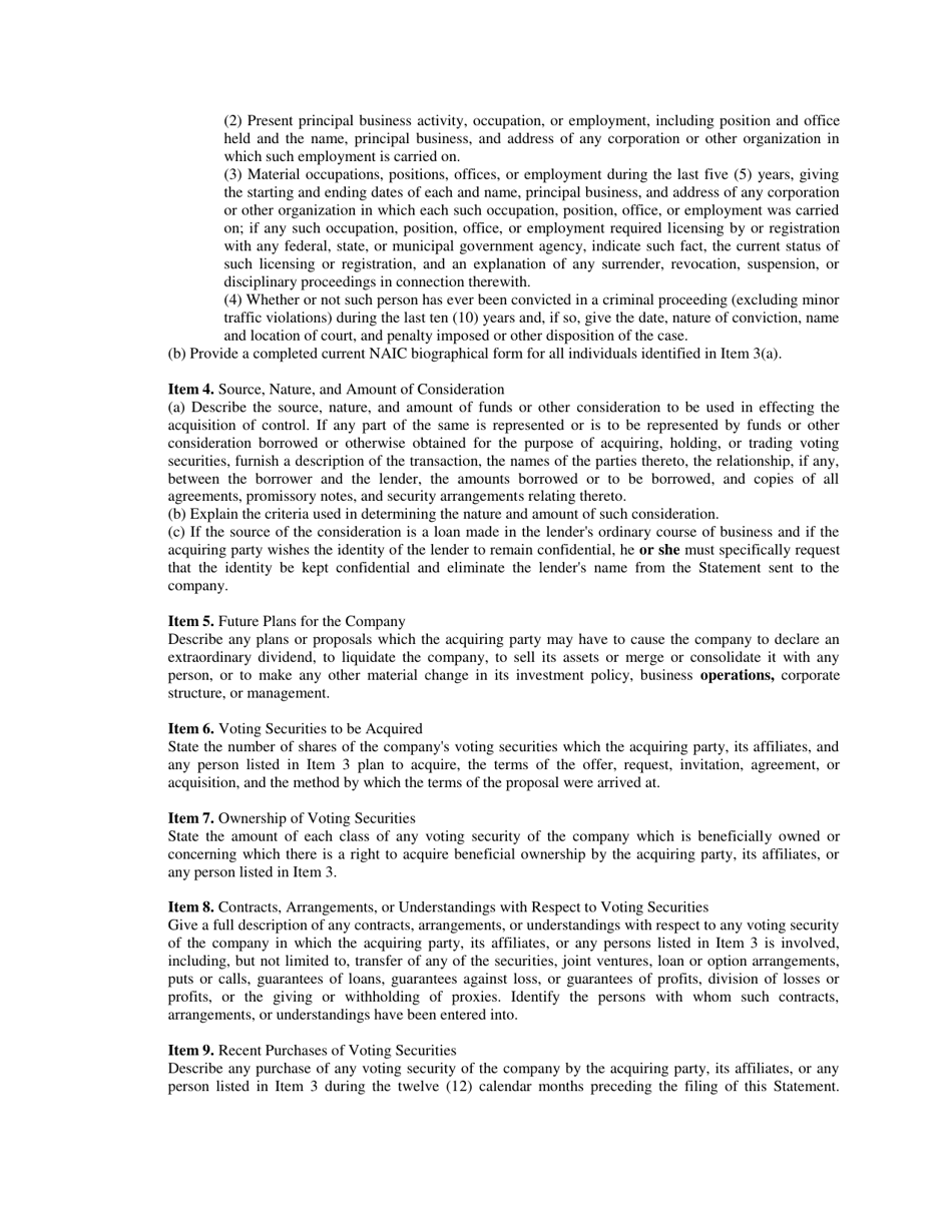 Form A Statement Regarding the Acquisition of Control of or Merger With a Domestic Insurer - Indiana, Page 3