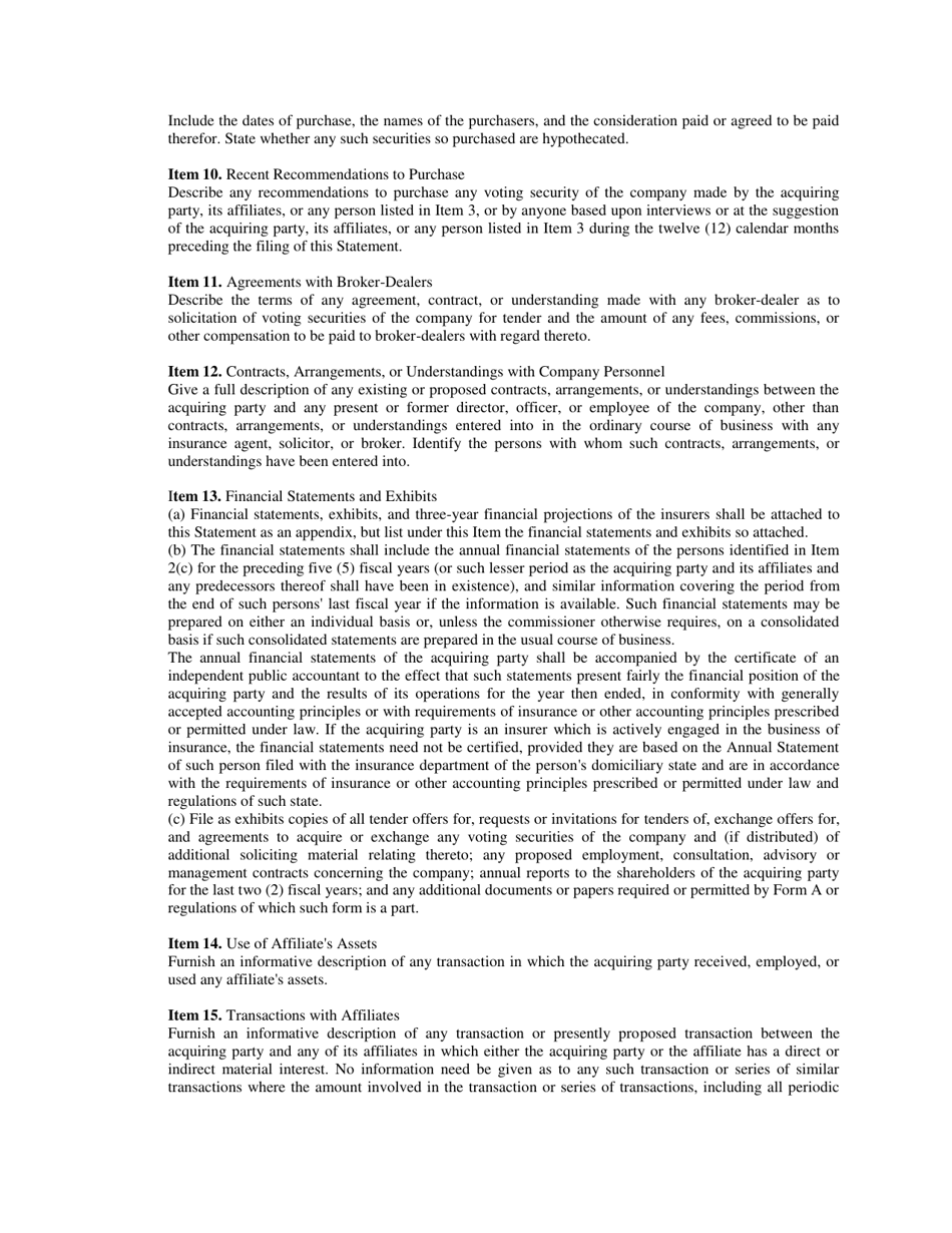 Form A Statement Regarding the Acquisition of Control of or Merger With a Domestic Insurer - Indiana, Page 4