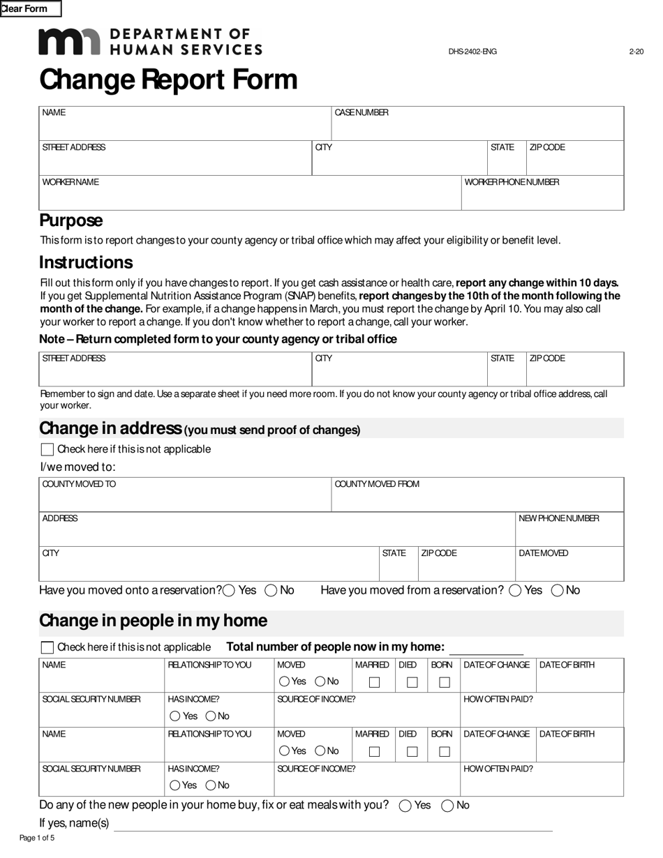 Form DHS-2402-ENG Change Report Form - Minnesota, Page 1