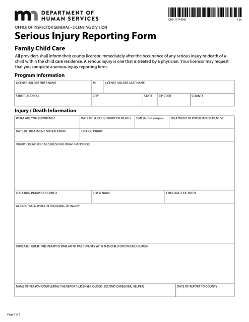 Form DHS-7774 Serious Injury Reporting Form - Family Child Care - Minnesota
