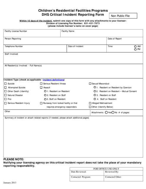 Critical Incident Reporting Form for Children - Minnesota Download Pdf