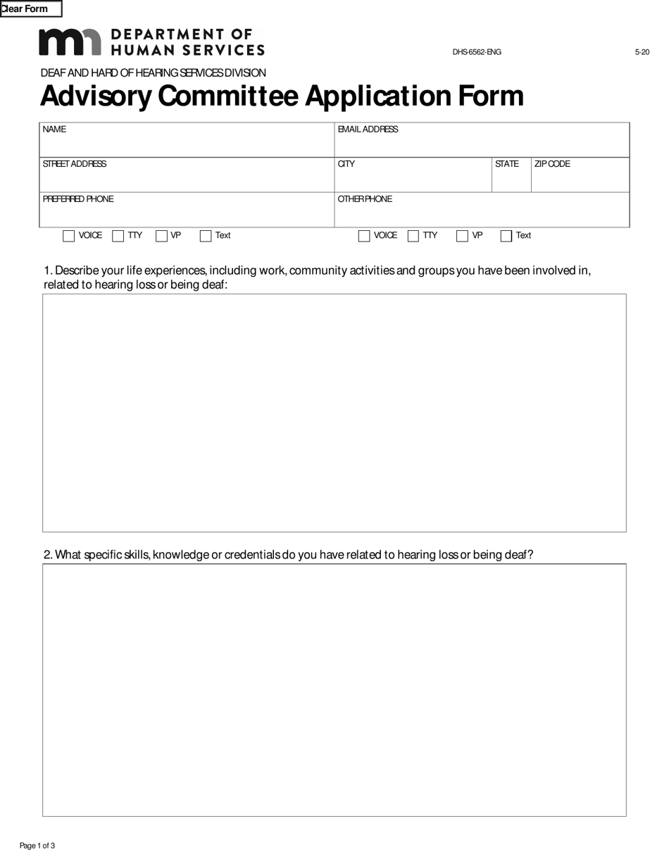 Form DHS-6562-ENG Advisory Committee Application Form - Minnesota, Page 1
