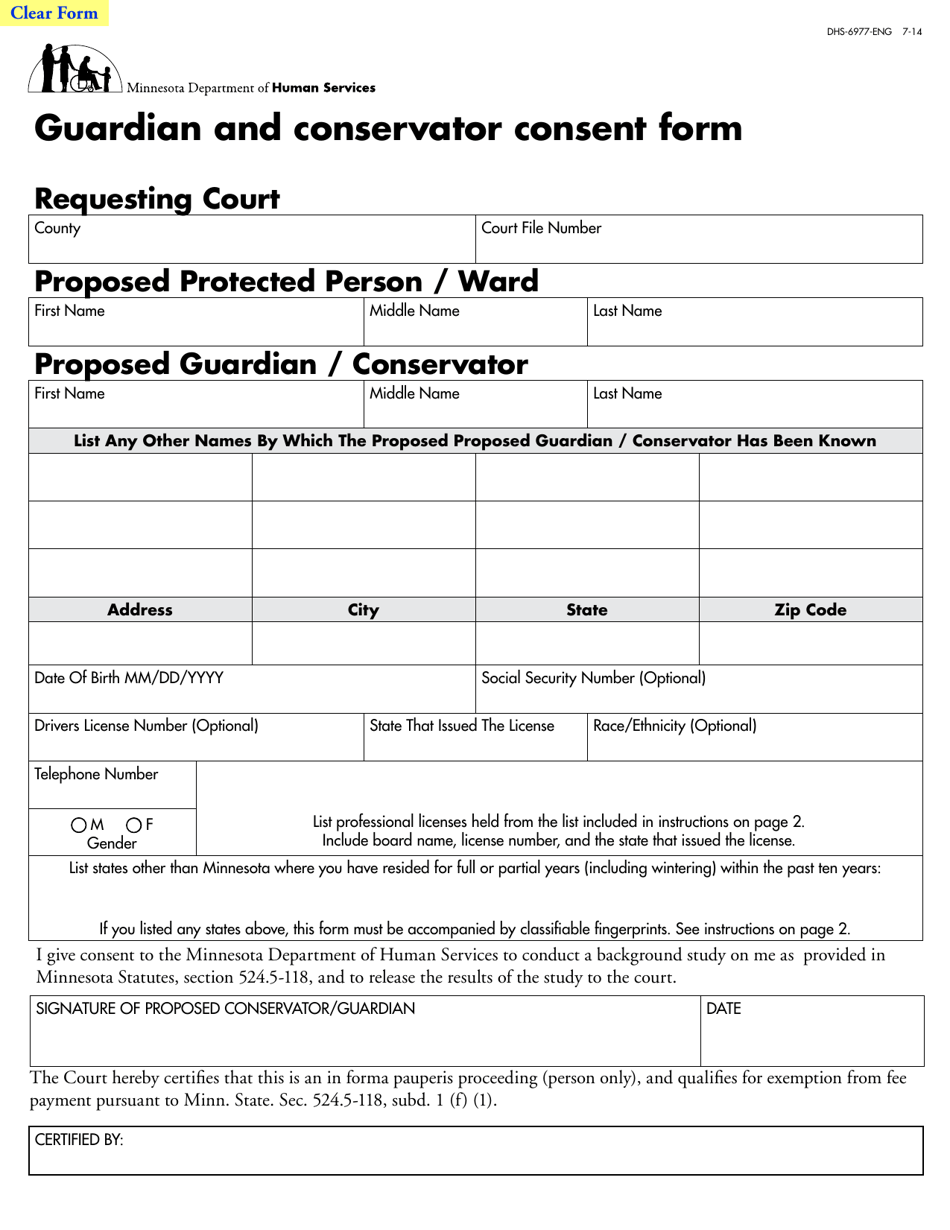 Form DHS-6977-ENG Guardian and Conservator Consent Form - Minnesota, Page 1