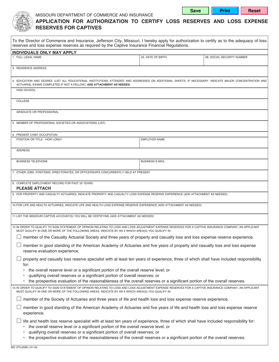 Form MO375-0598 Application for Authorization to Certify Loss Reserves and Loss Expense Reserves for Captives - Missouri, Page 1