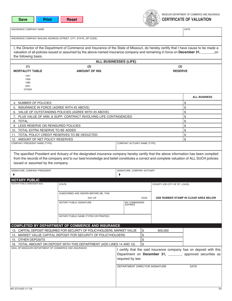 Form MO375-0420 Certificate of Valuation - Missouri, Page 1