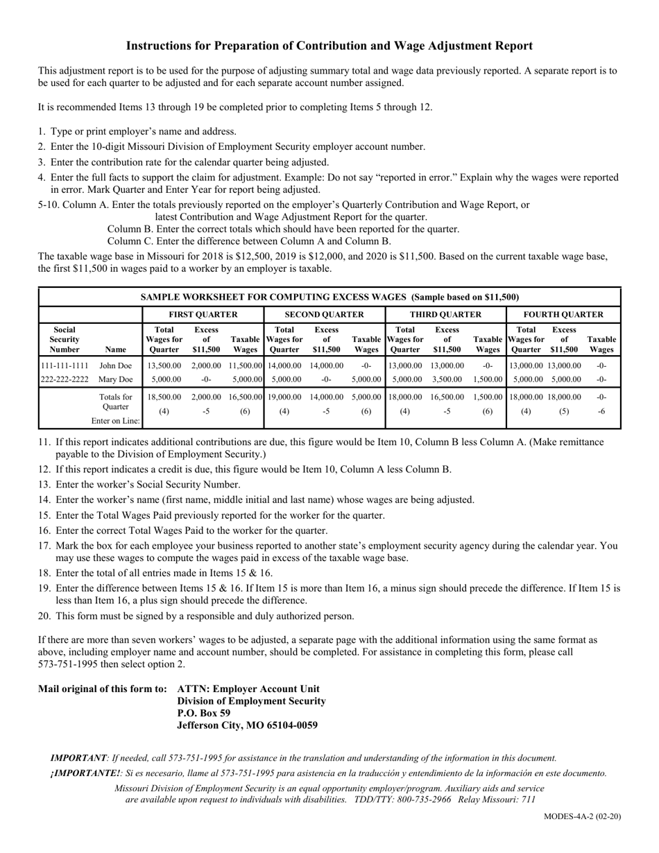 Form MODES-4A Contribution  Wage Adjustment Report - Missouri, Page 2