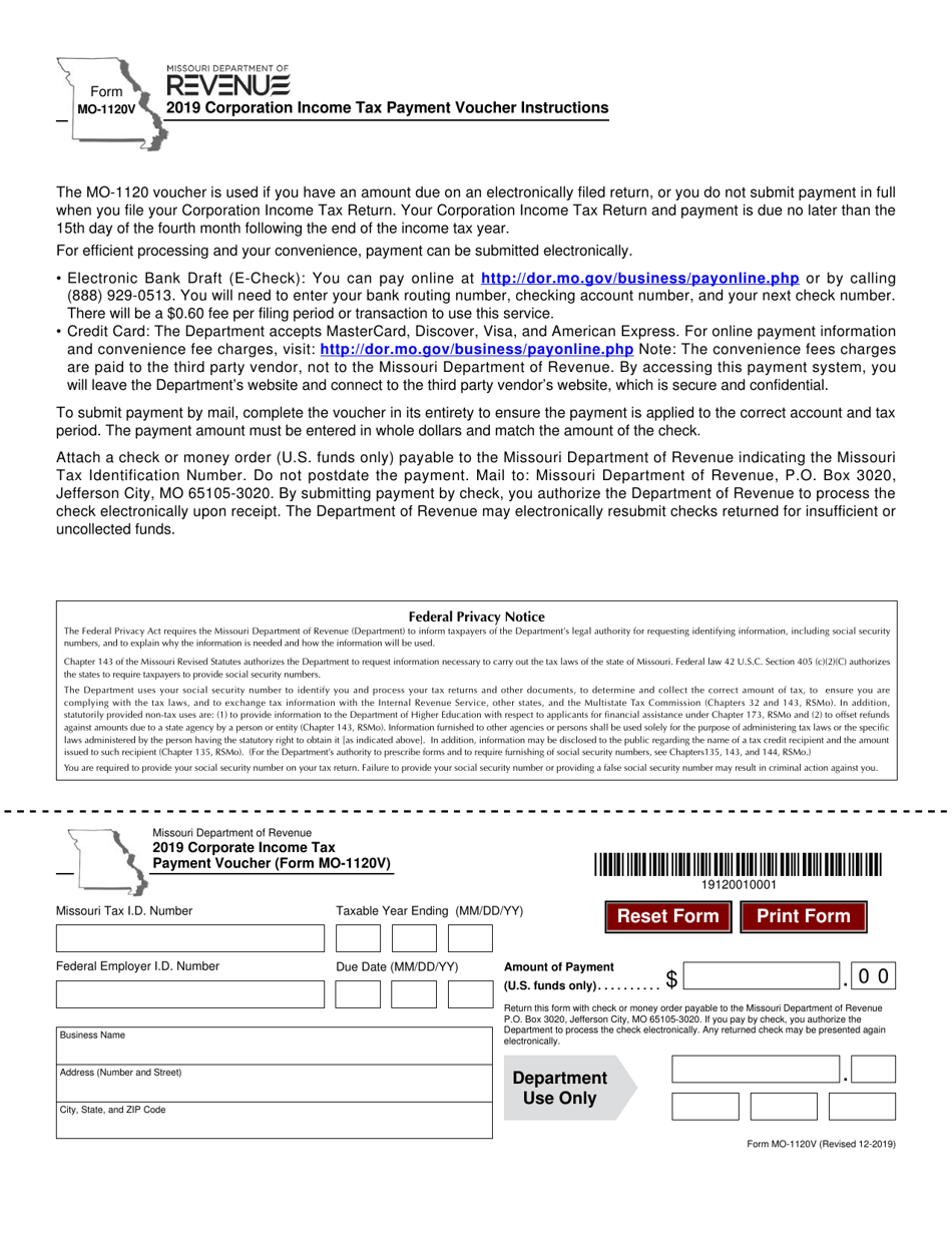 Form MO-1120V Corporation Income and Franchise Tax Payment Voucher - Missouri, Page 1