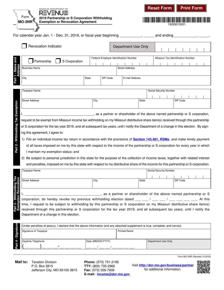 Form MO-3NR Partnership or S Corporation Withholding Exemption or Revocation Agreement - Missouri, Page 1
