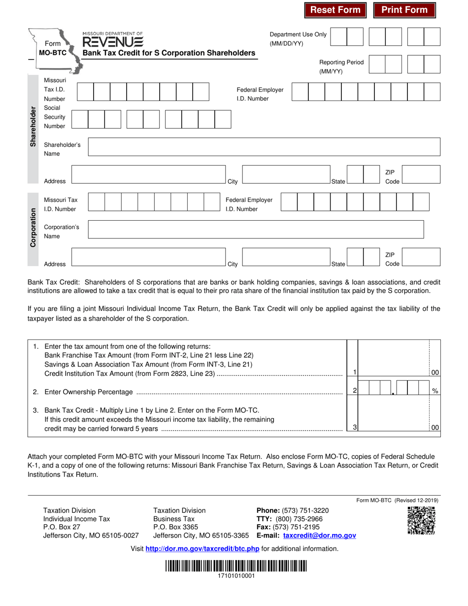 Form MO-BTC Bank Tax Credit for S Corporation Shareholders - Missouri, Page 1
