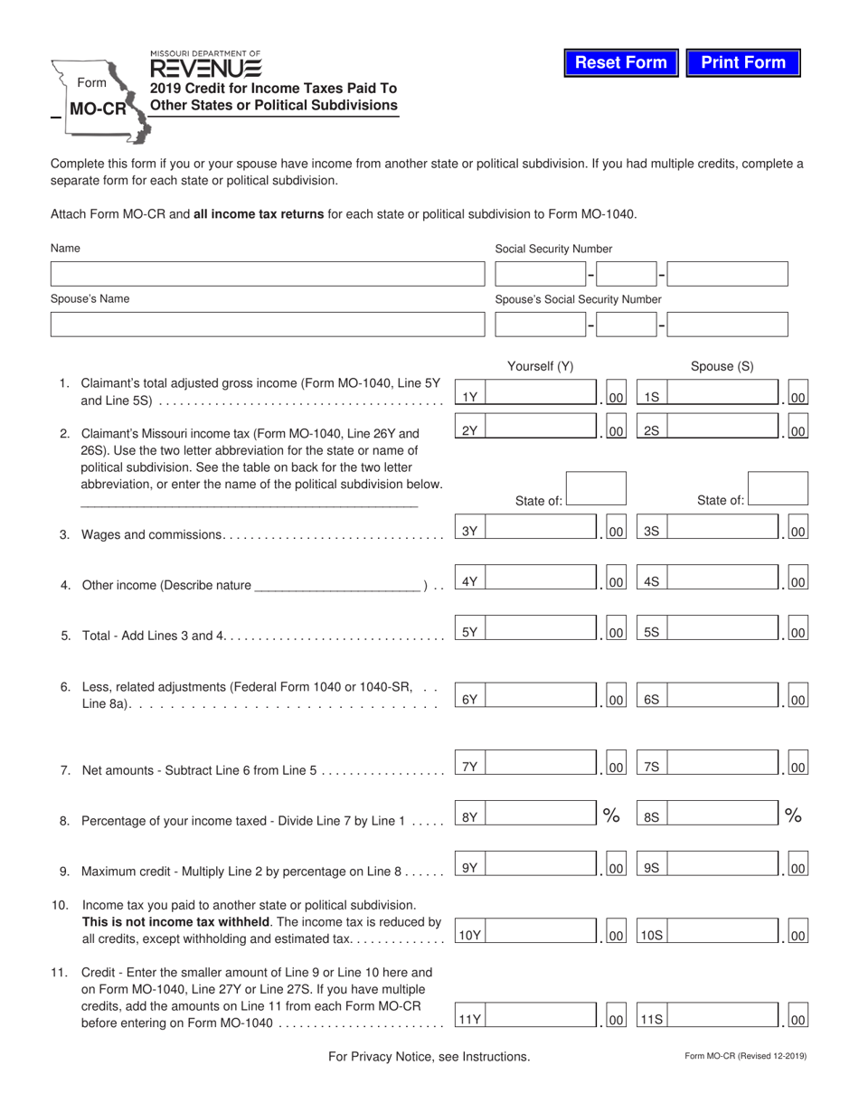 Form MO-CR Credit for Income Taxes Paid to Other States or Political Subdivisions - Missouri, Page 1