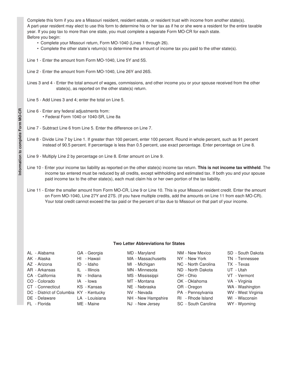 Form MO-CR Credit for Income Taxes Paid to Other States or Political Subdivisions - Missouri, Page 2