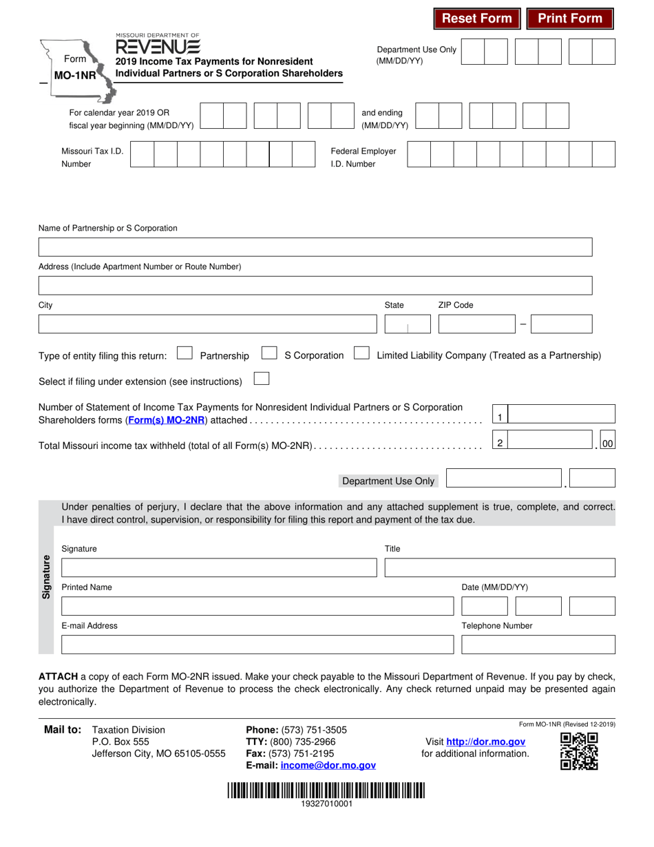 Form MO-1NR Income Tax Payments for Nonresident Individual Partners or S Corporation Shareholders - Missouri, Page 1