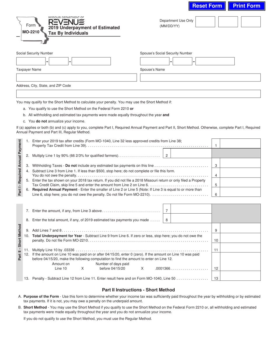 Form MO2210 Download Fillable PDF or Fill Online Underpayment of