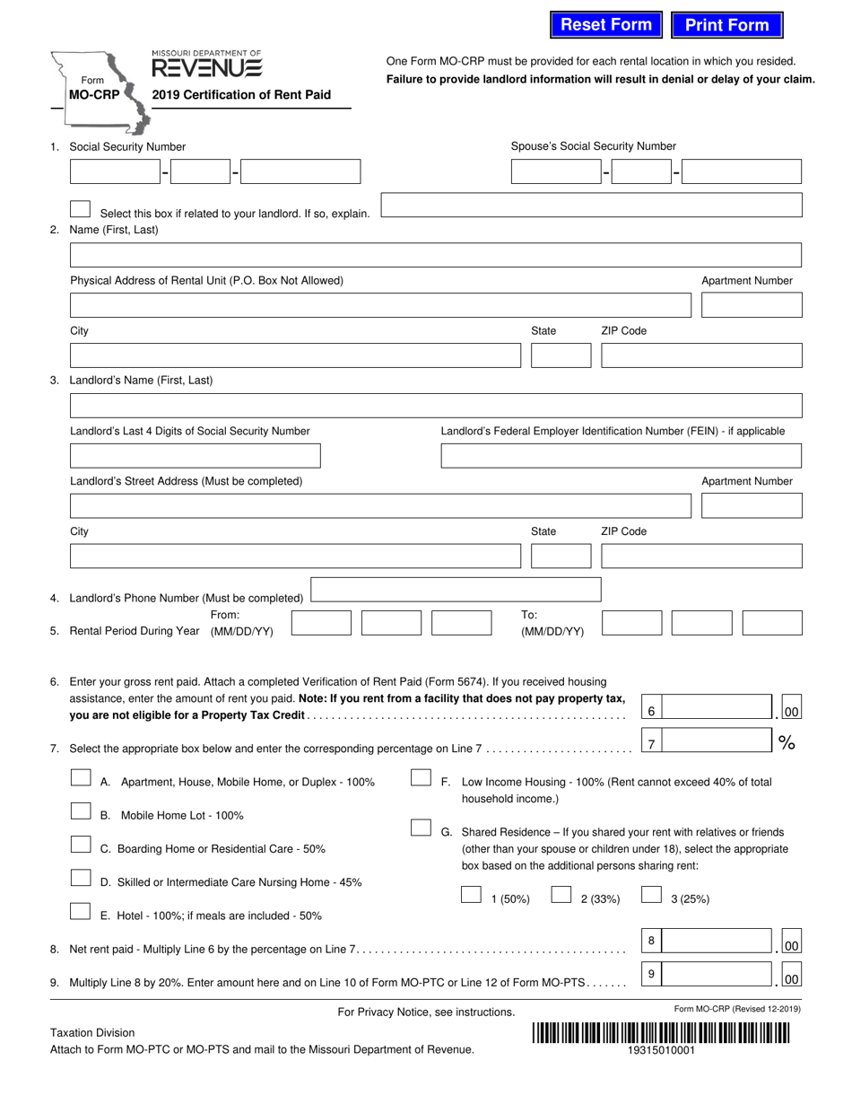 Form MO-CRP Certification of Rent Paid - Missouri, Page 1