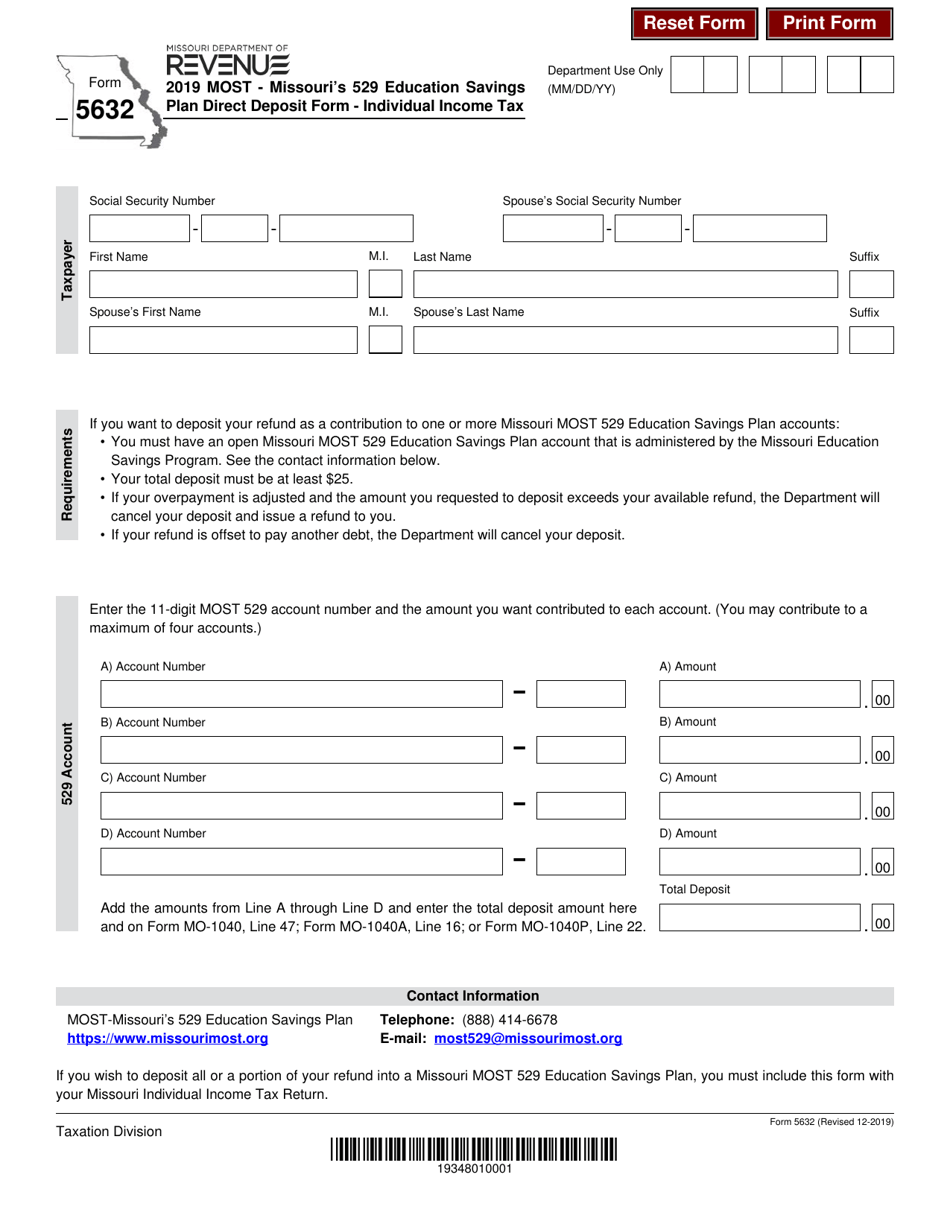Form 5632 Most - Missouris 529 Education Savings Plan Direct Deposit Form - Individual Income Tax - Missouri, Page 1