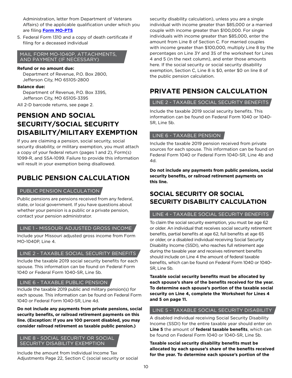 Instructions for Form MO-1040P Individual Income Tax Return and Property Tax Credit Claim / Pension Exemption - Short Form - Missouri, Page 10