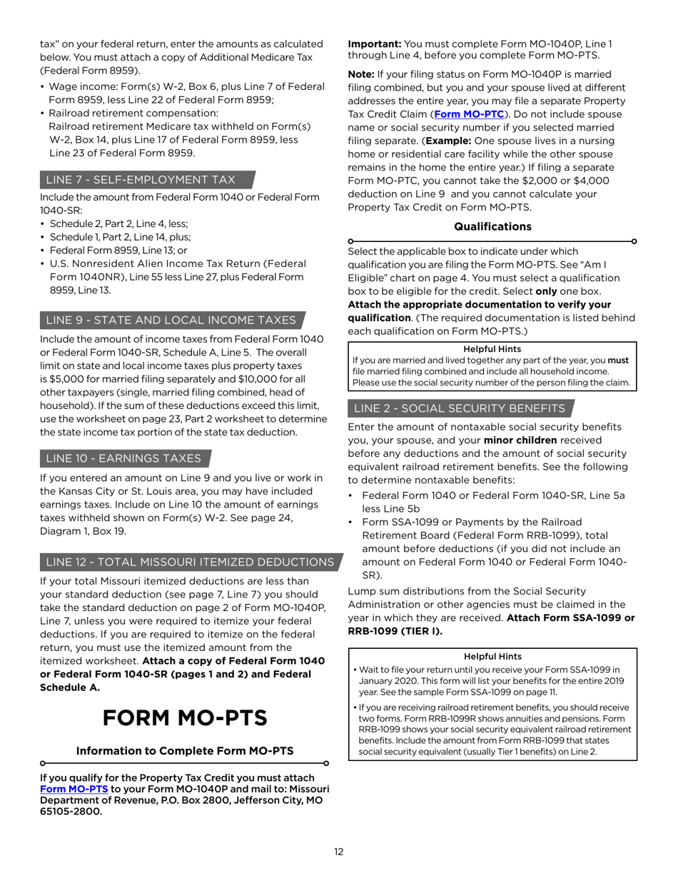 Instructions for Form MO-1040P Individual Income Tax Return and Property Tax Credit Claim / Pension Exemption - Short Form - Missouri, Page 12
