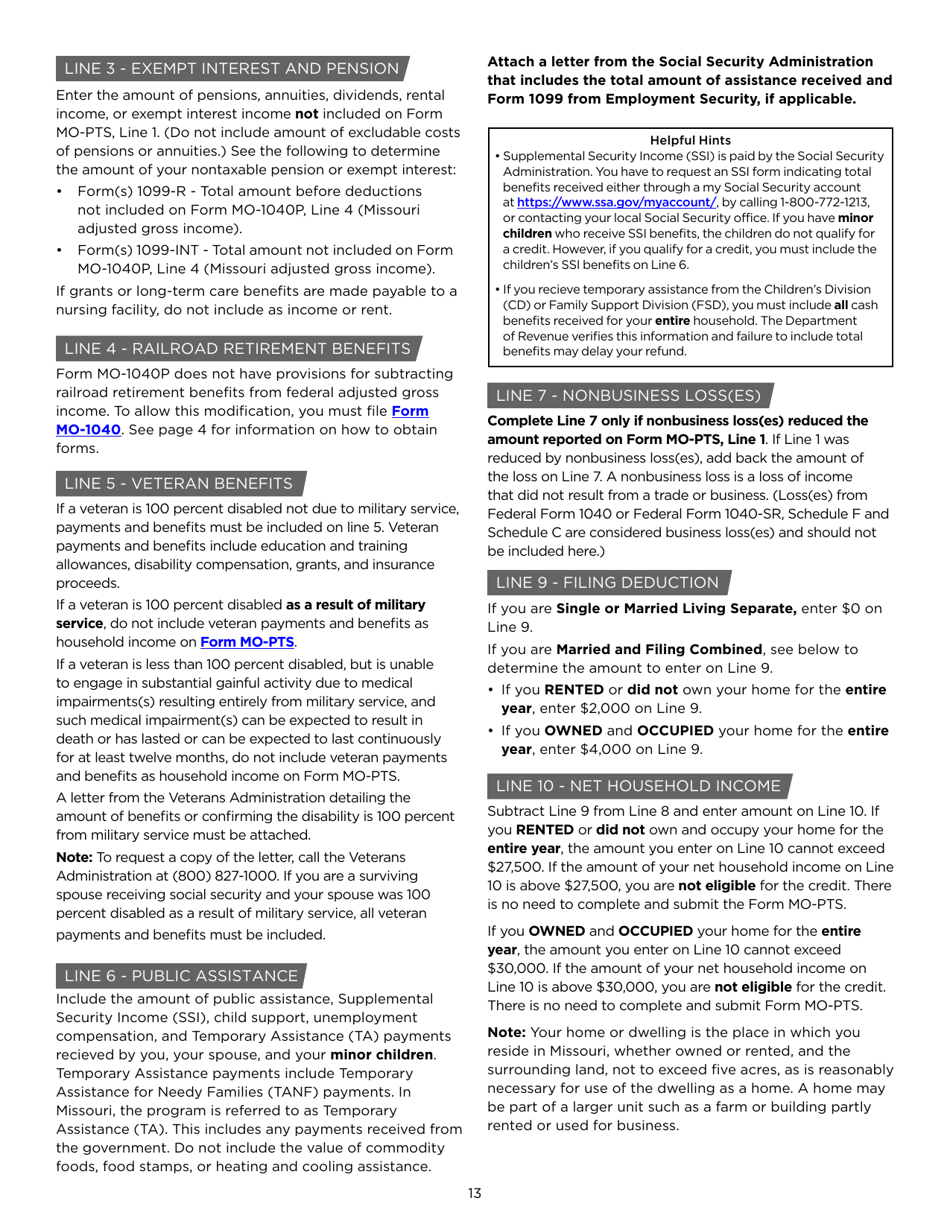 Instructions for Form MO-1040P Individual Income Tax Return and Property Tax Credit Claim / Pension Exemption - Short Form - Missouri, Page 13