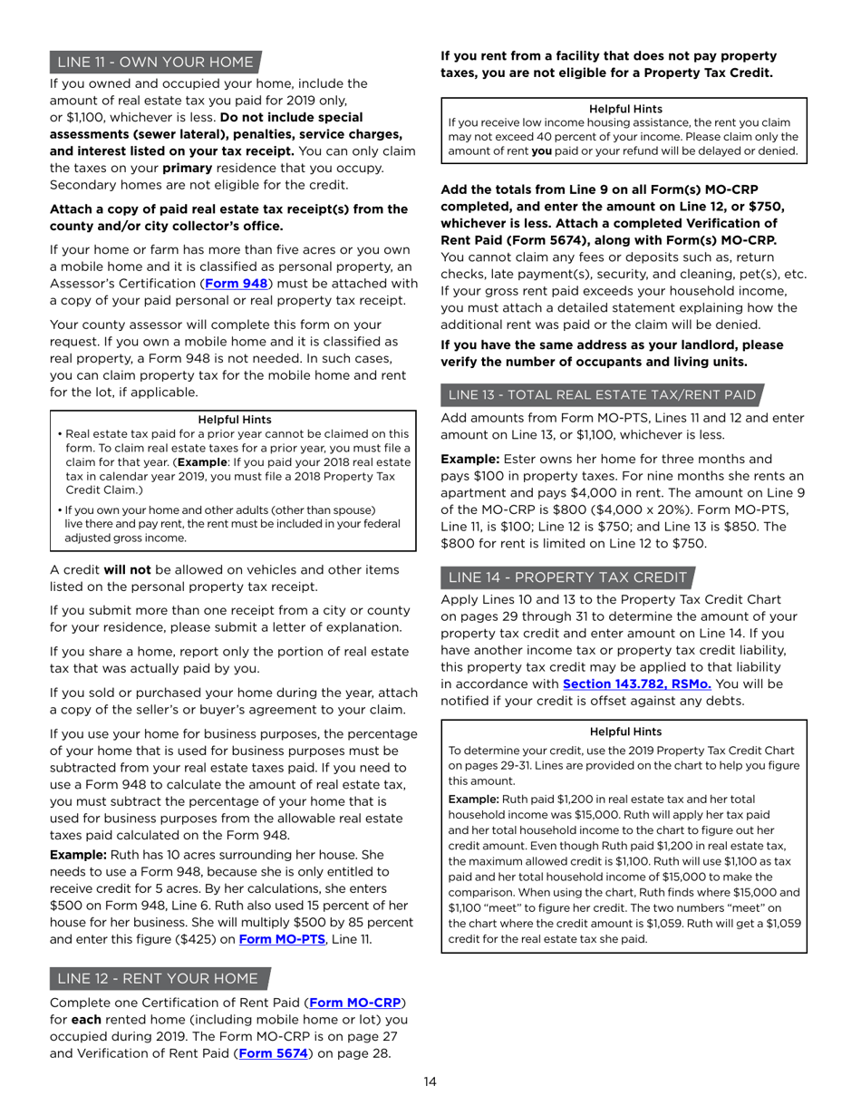 Instructions for Form MO-1040P Individual Income Tax Return and Property Tax Credit Claim / Pension Exemption - Short Form - Missouri, Page 14