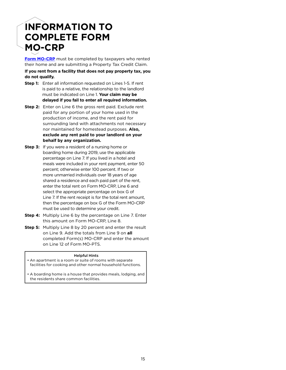 Instructions for Form MO-1040P Individual Income Tax Return and Property Tax Credit Claim / Pension Exemption - Short Form - Missouri, Page 15
