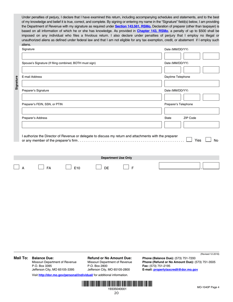 Instructions for Form MO-1040P Individual Income Tax Return and Property Tax Credit Claim / Pension Exemption - Short Form - Missouri, Page 20