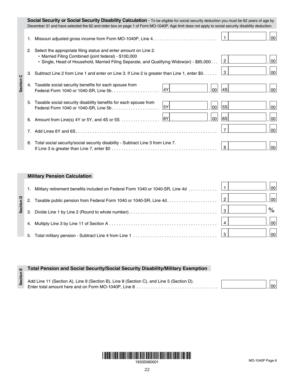 Instructions for Form MO-1040P Individual Income Tax Return and Property Tax Credit Claim / Pension Exemption - Short Form - Missouri, Page 22