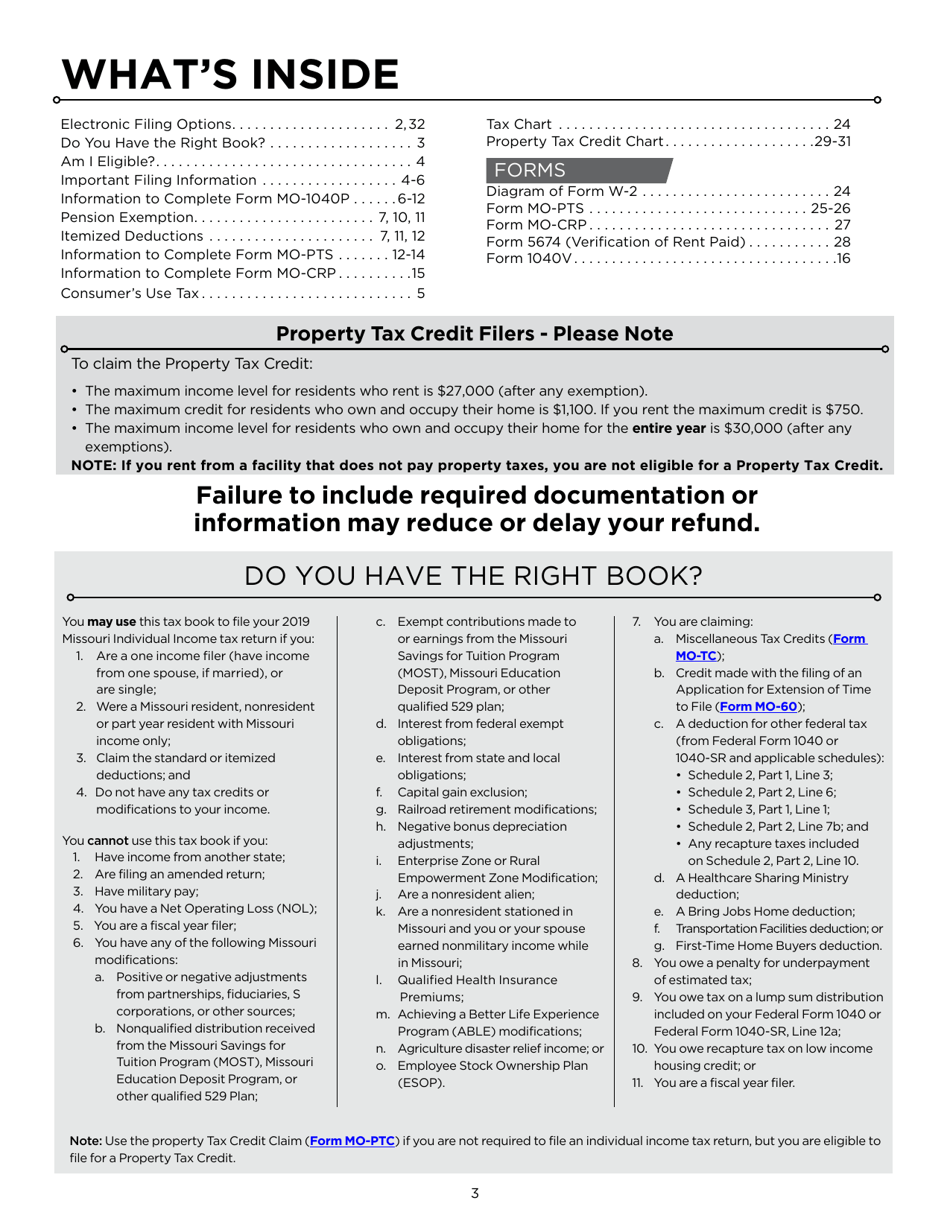 Instructions for Form MO-1040P Individual Income Tax Return and Property Tax Credit Claim / Pension Exemption - Short Form - Missouri, Page 3