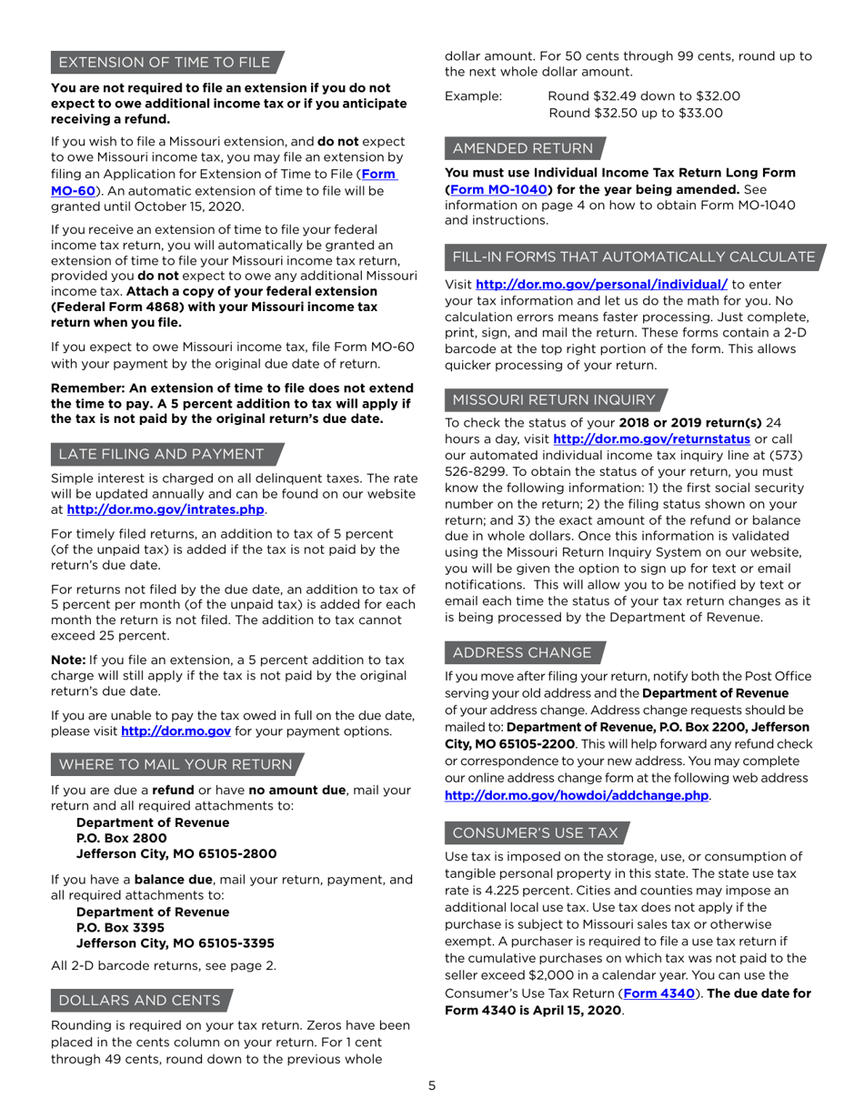Instructions for Form MO-1040P Individual Income Tax Return and Property Tax Credit Claim / Pension Exemption - Short Form - Missouri, Page 5
