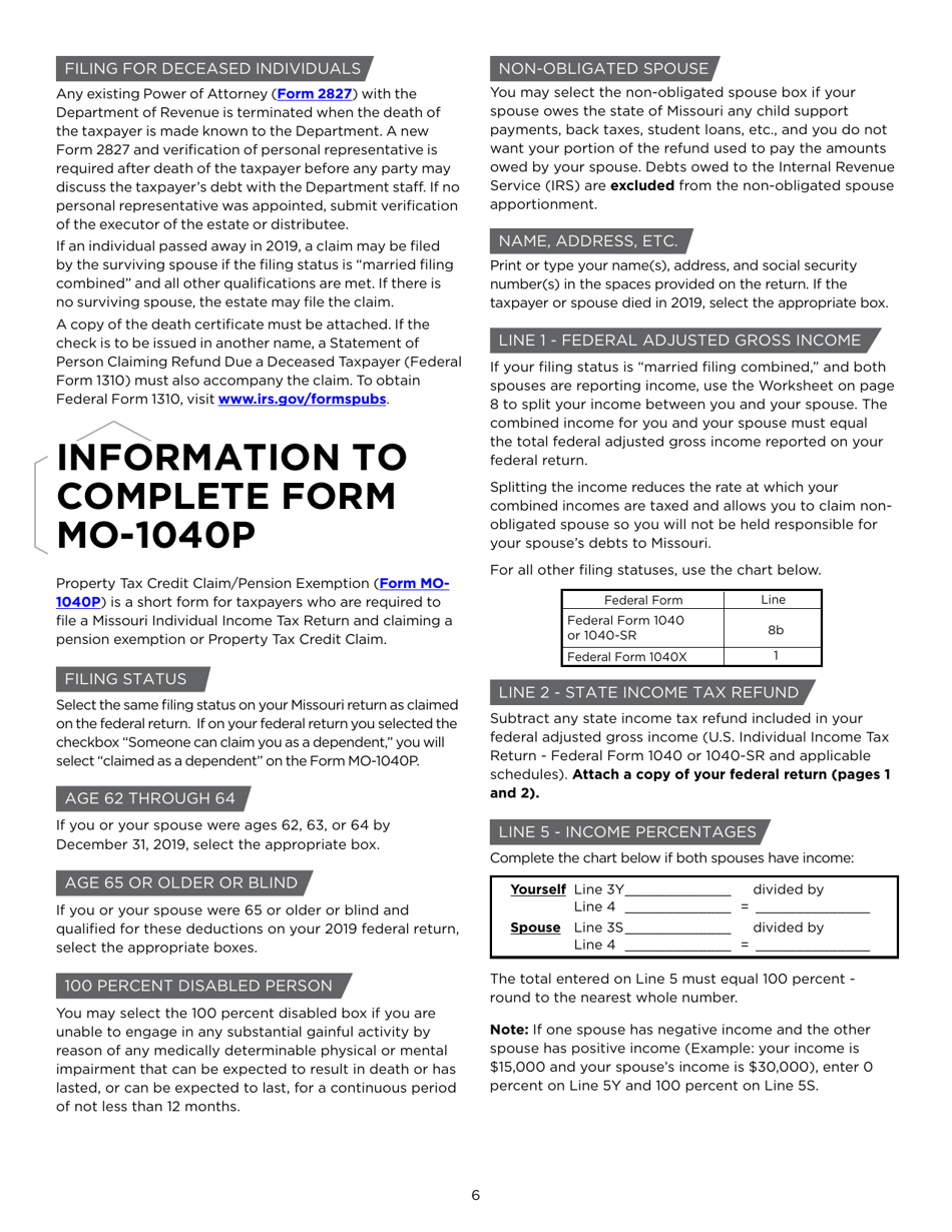 Instructions for Form MO-1040P Individual Income Tax Return and Property Tax Credit Claim / Pension Exemption - Short Form - Missouri, Page 6