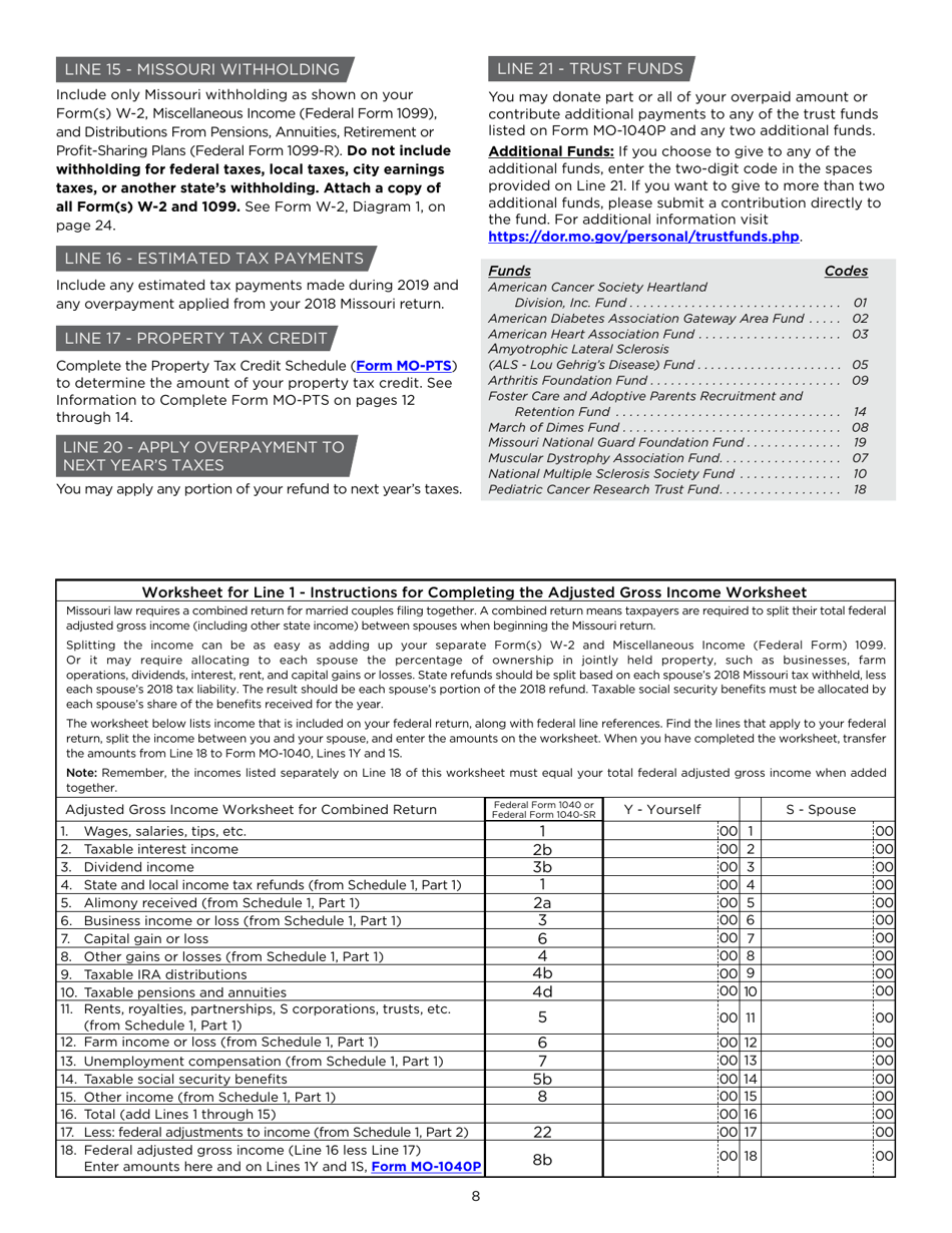 Instructions for Form MO-1040P Individual Income Tax Return and Property Tax Credit Claim / Pension Exemption - Short Form - Missouri, Page 8