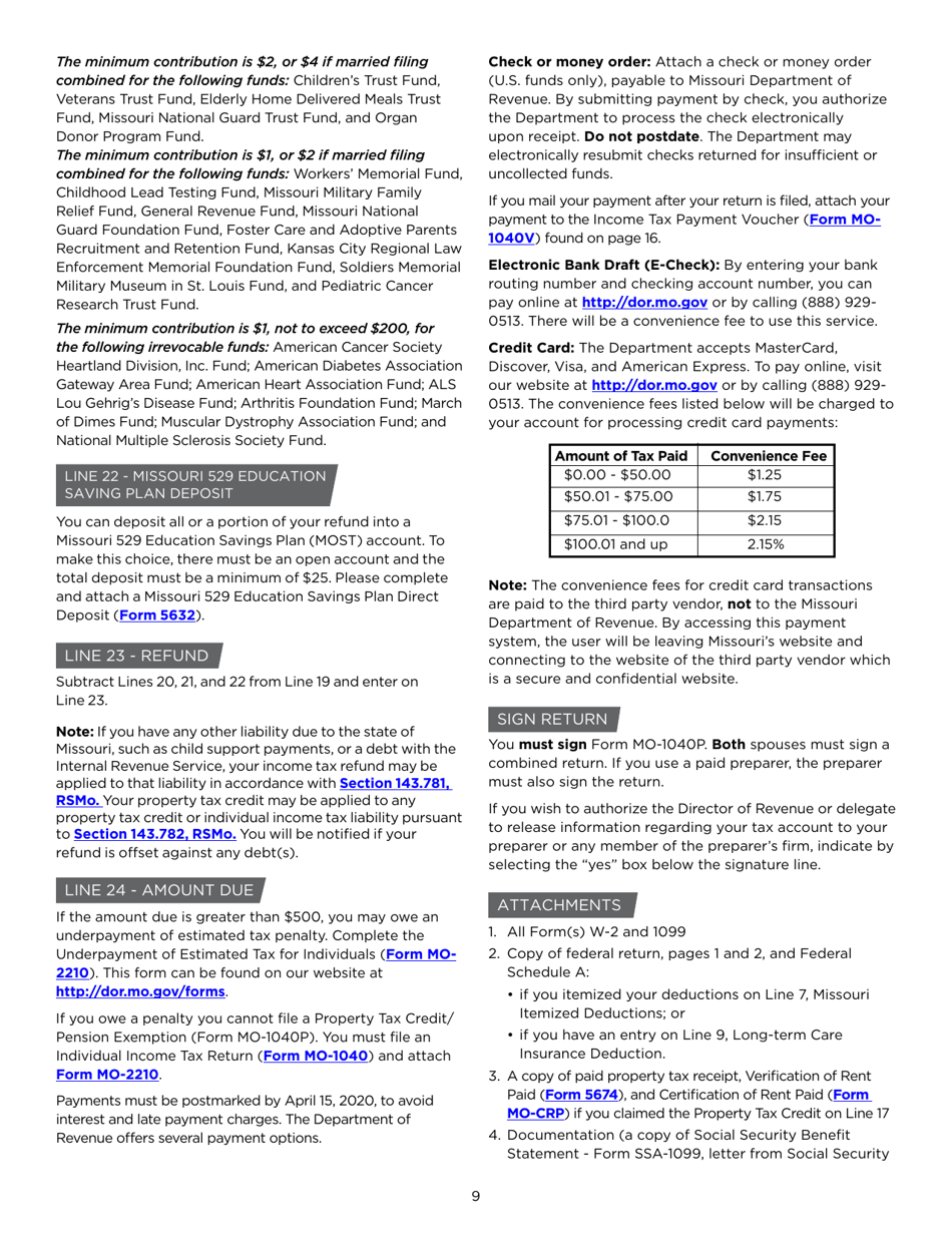 Instructions for Form MO-1040P Individual Income Tax Return and Property Tax Credit Claim / Pension Exemption - Short Form - Missouri, Page 9