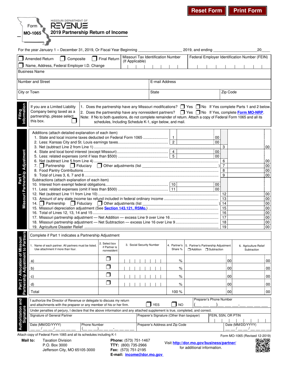 Form MO1065 Download Fillable PDF or Fill Online Partnership Return of