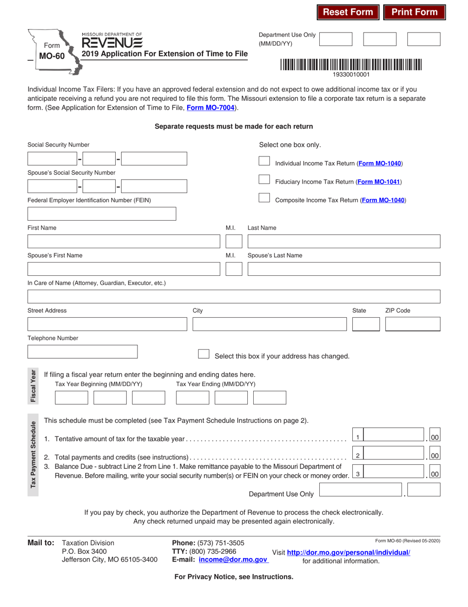 Form MO-60 Application for Extension of Time to File - Missouri, Page 1
