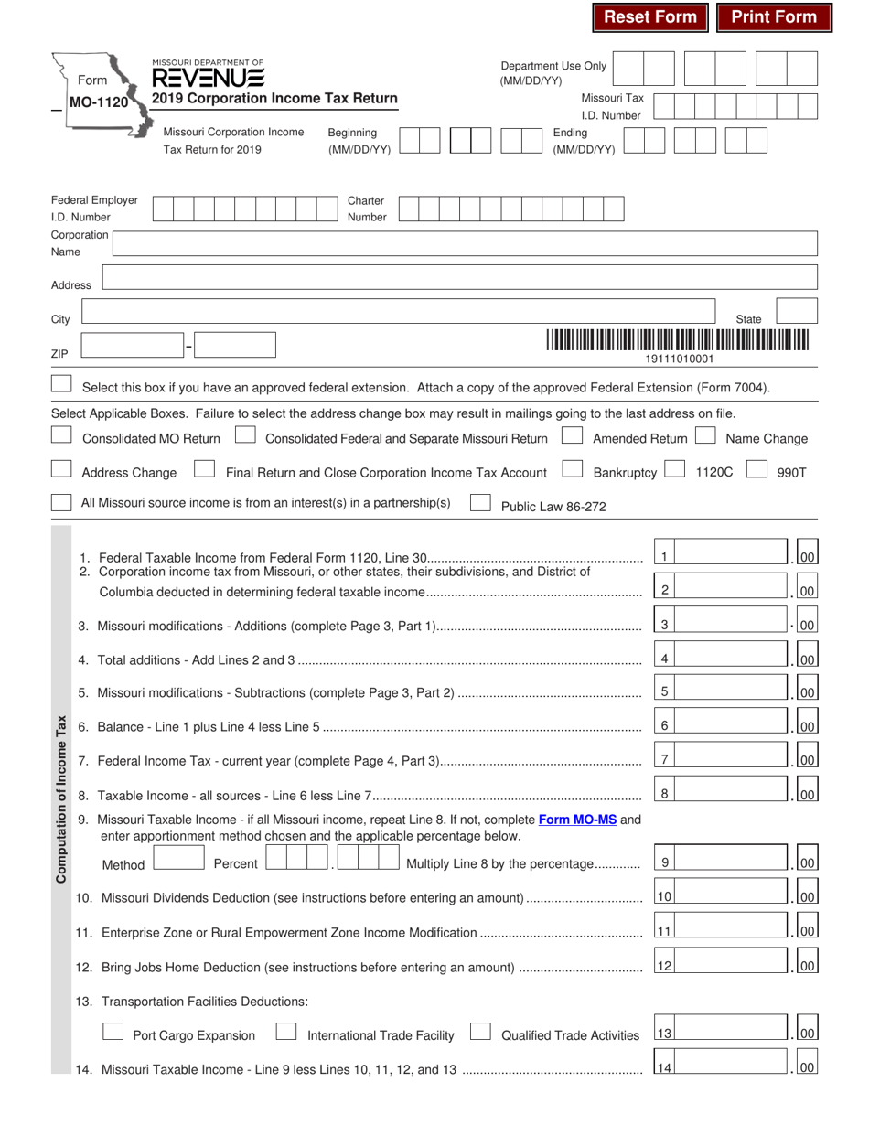 Form MO-1120 Corporation Income Tax Return - Missouri, Page 1